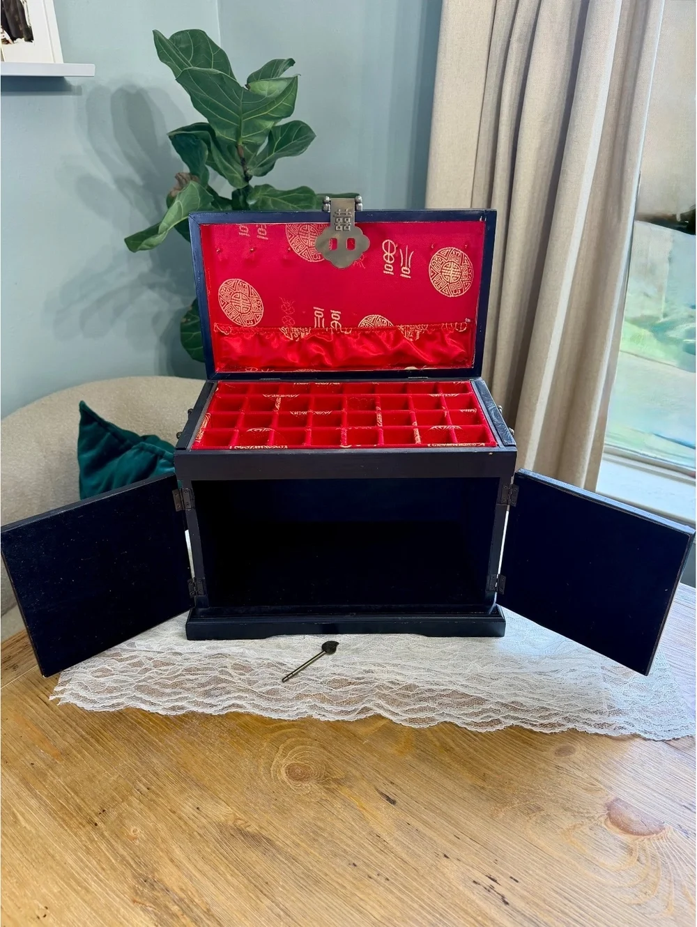 Vintage Chinese Lacquer Jewelry Box Hand Painted Birds Red Brocade